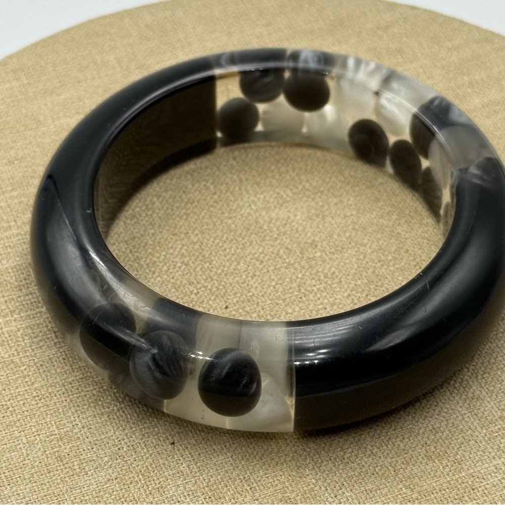Lucite Black Clear Chunky Bangle Injected White Gray Polka Dot Boba Bubble